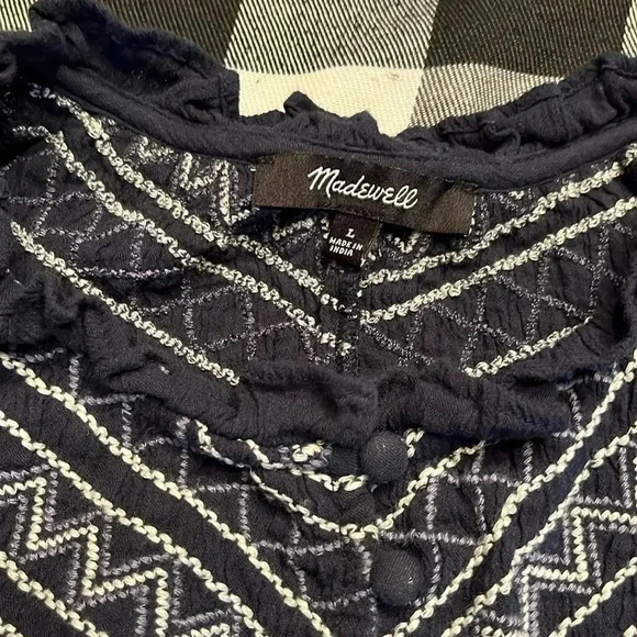 Madewell Navy Blue Embroidered Smock Neck Top Large - Picture 8 of 8